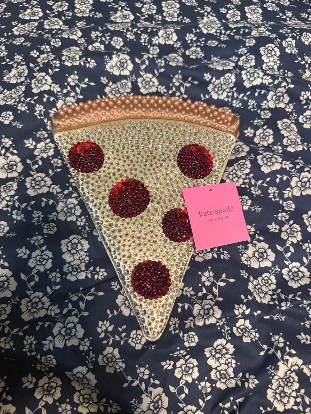kate spade gold crystal pizza slice wristlet with red accents